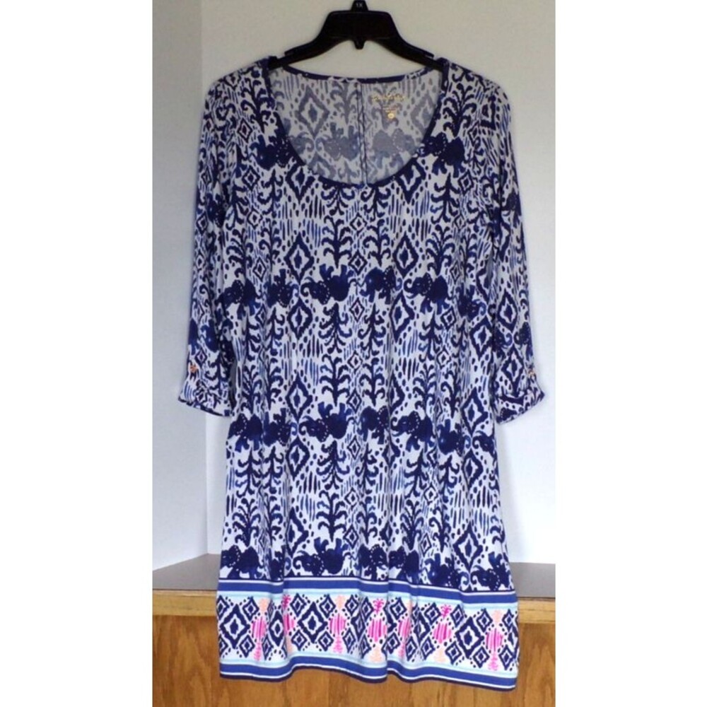 Lilly Pulitzer White w/Navy Elephants Beach Cover-up Tunic Dress XL  3/4 Sleeve